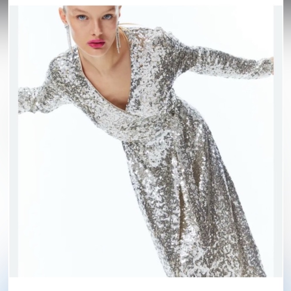 H&M Silver Sequined Wrap Dress Formal Party Cocktail New Years Eve NYE